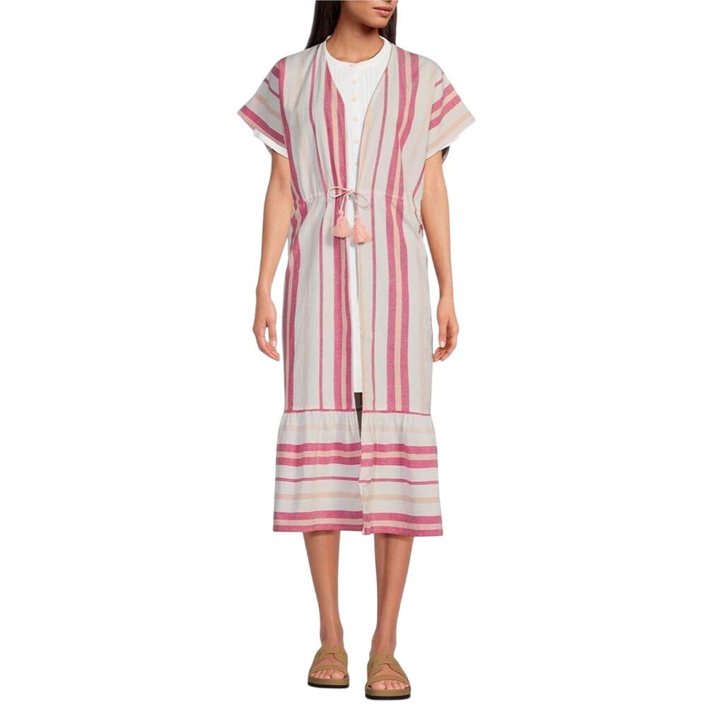 Faherty $138 Stripe Longline Boho Duster/Cover Up One Size (OS) in Carmine